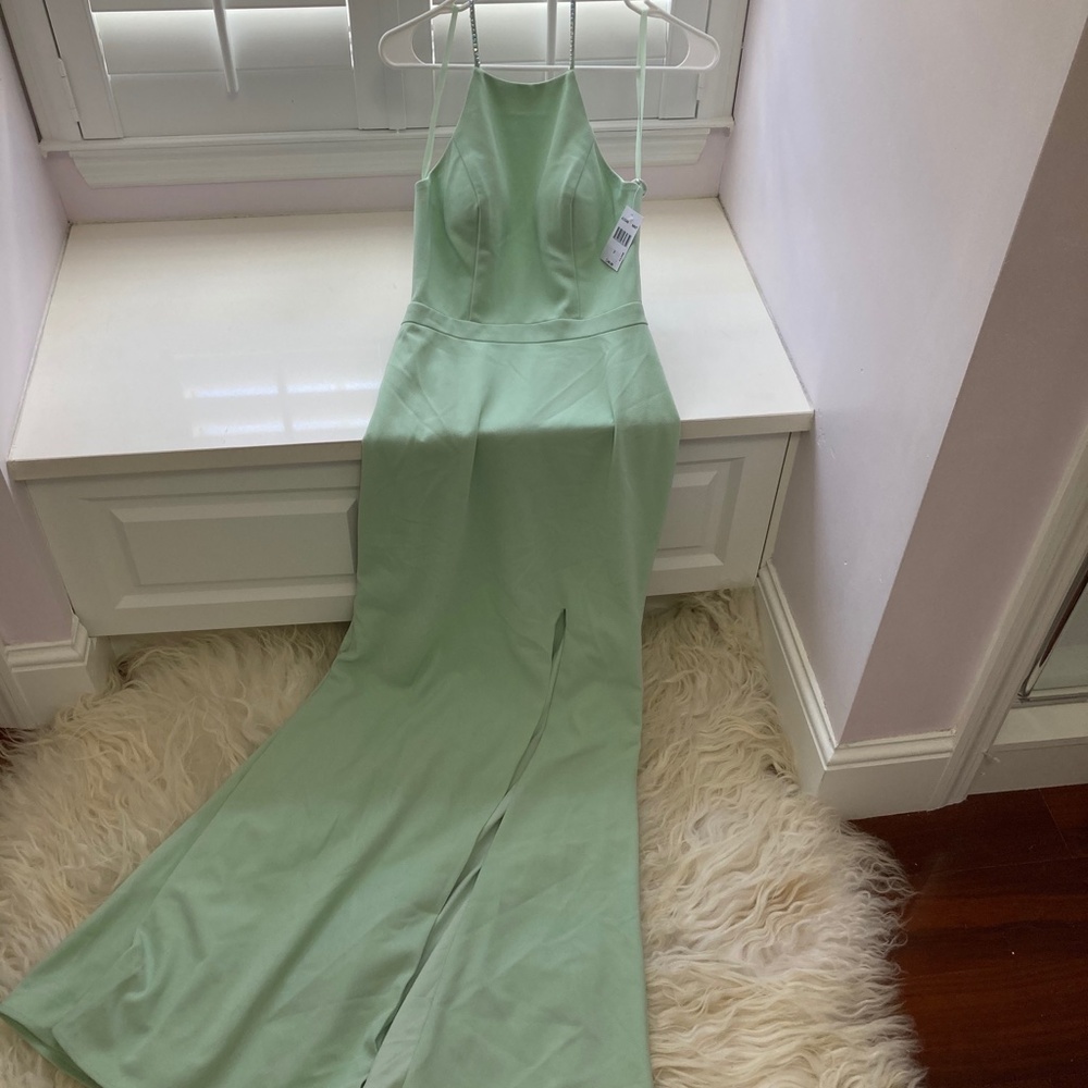 AQUA EMBELLISHED HALTER EVENING DRESS - Picture 3 of 16